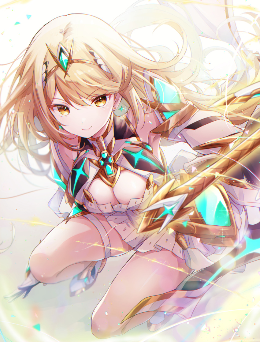 1girl bare_legs blonde_hair breasts chest_jewel cleavage_cutout closed_mouth clothing_cutout commentary core_crystal_(xenoblade) dress earrings floating_hair highres jewelry long_hair looking_at_viewer medium_breasts mythra_(xenoblade) simple_background smile solo swept_bangs tiara ui_frara very_long_hair white_background white_dress xenoblade_chronicles_(series) xenoblade_chronicles_2 yellow_eyes