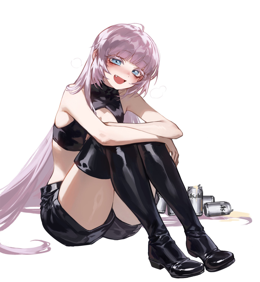 1girl absurdres beer_can black_footwear black_shorts blue_eyes blush boots can cleavage_cutout clothing_cutout colored_eyelashes crop_top drink_can fang foolish_potato hair_down highres knees_up long_hair looking_at_viewer nanakusa_nazuna_(yofukashi_no_uta) open_mouth purple_hair ringed_eyes shirt shorts simple_background sitting sleeveless sleeveless_shirt smile solo thick_eyelashes thigh_boots turtleneck turtleneck_shirt very_long_hair white_background yofukashi_no_uta