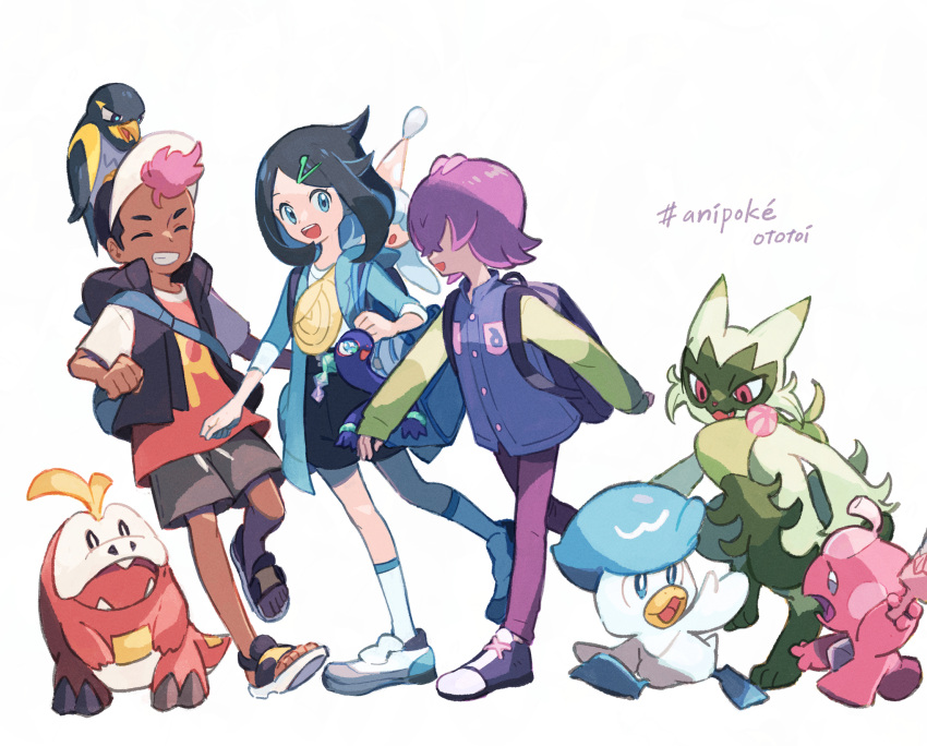 1boy 2girls bag black_hair black_shorts blue_eyes closed_mouth dark-skinned_male dark_skin dot_(pokemon) eyelashes floragato fuecoco hair_ornament hairclip hat hatenna highres holding jacket liko_(pokemon) long_sleeves multicolored_hair multiple_girls open_clothes open_mouth ototoi_(eevees813) pants pokemon pokemon_(anime) pokemon_(creature) pokemon_horizons quaxly roy_(pokemon) shirt short_hair short_sleeves shorts smile teeth terapagos terapagos_(normal) tinkatink vest wattrel white_shirt