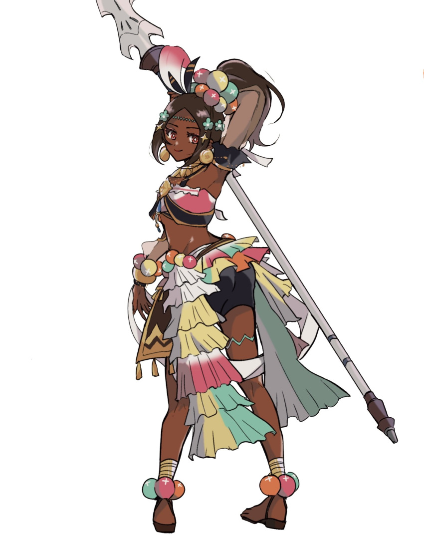 1girl bracelet brown_eyes brown_hair dark-skinned_female dark_skin eyeliner eyeshadow fire_emblem fire_emblem_engage highres holding holding_polearm holding_weapon jewelry makeup oda32t pearl_anklet pearl_belt pearl_bracelet pearl_hair_ornament pink_eyeliner pink_eyeshadow polearm star-shaped_pupils star_(symbol) symbol-shaped_pupils timerra_(fire_emblem) very_dark_skin weapon yellow_eyeliner