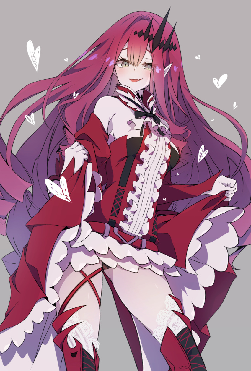 1girl ass_visible_through_thighs baobhan_sith_(fate) baobhan_sith_(first_ascension)_(fate) bare_shoulders black_panties blush boots breasts clothes_lift detached_sleeves dress fangs fate/grand_order fate_(series) frilled_dress frills grey_background grey_eyes hair_ornament heart highres lace-trimmed_legwear lace_trim long_hair looking_at_viewer mosu_(korikan) open_mouth panties pink_hair pointy_ears red_dress red_footwear sidelocks skin_fangs skirt skirt_lift smile solo thigh_boots thighs underwear