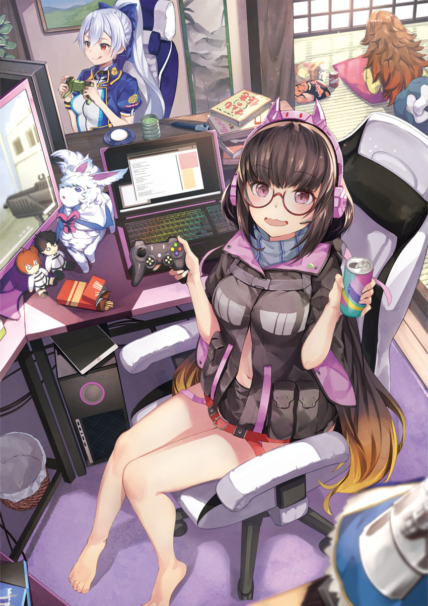 3girls bag_of_chips barefoot book brown_hair can chair computer controller cup desk drink_can fate/grand_order fate_(series) food fou_(fate) game_controller gaming_chair glasses grey_hair headphones highres jinako_carigiri laptop long_hair low_twintails multiple_girls navel osakabehime_(fate) osakabehime_(swimsuit_archer)_(fate) osakabehime_(swimsuit_archer)_(first_ascension)_(fate) pink_eyes pocky ponytail red_eyes stylus swivel_chair taka.yana tomoe_gozen_(fate) tomoe_gozen_(swimsuit_saber)_(fate) tomoe_gozen_(swimsuit_saber)_(first_ascension)_(fate) twintails yunomi