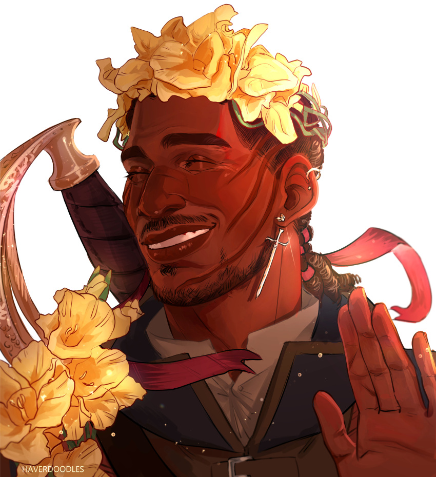 1boy baldur's_gate baldur's_gate_3 closed_eyes cornrows_dreads cropped_shoulders dark-skinned_male dark_skin dungeons_&amp;_dragons ear_piercing facial_hair flower goatee_stubble hair_flower hair_ornament hair_ribbon hand_up hava_(haverdoodles) highres male_focus piercing ribbon scabbard scar scar_on_face sheath smile stubble sword_earrings thick_eyebrows uniform wyll_(baldur's_gate) yellow_flower