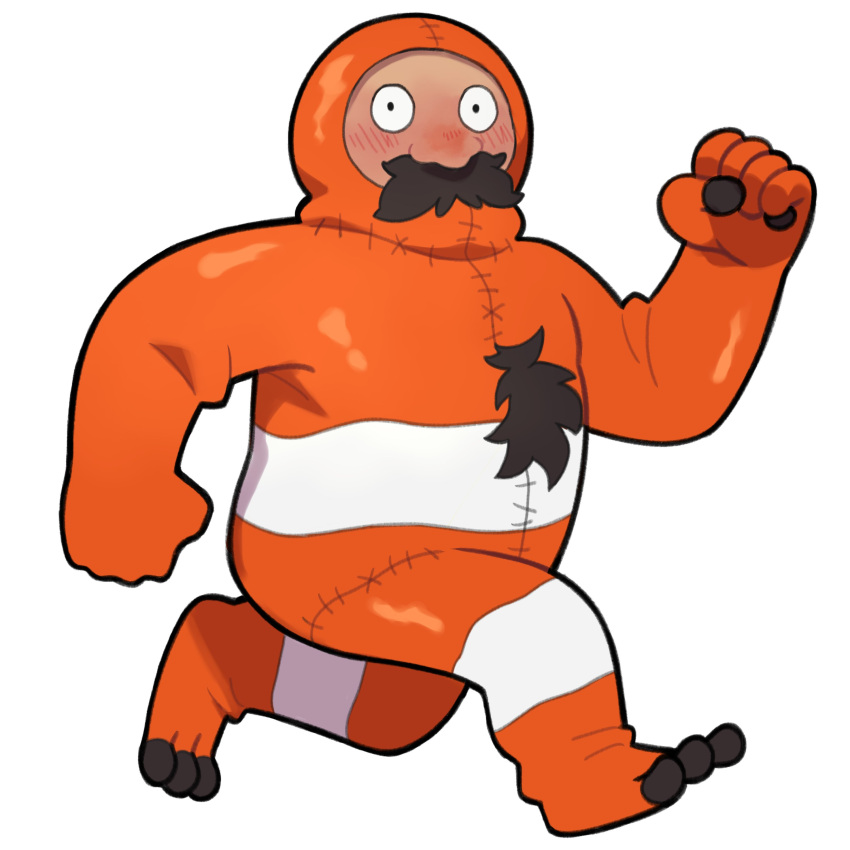 1boy absurdres animal_costume beard beard_over_mouth blush brown_hair dungeon_meshi dwarf facial_hair frog_costume highres long_beard looking_at_viewer looking_to_the_side lupin_barnabi male_focus merchandise_available no_eyebrows plump running sanpaku senshi_(dungeon_meshi) solo thick_mustache very_long_beard wardrobe_malfunction