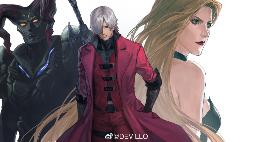 1girl 2boys absurdres alastor_(sword) armor belt black_gloves blonde_hair blue_eyes clasp closed_mouth coat cracked_skin dante_(devil_may_cry) demon_boy demon_horns devil_lo devil_may_cry_(series) devil_may_cry_1 gloves goggles goggles_around_neck hair_over_one_eye highres holding holding_weapon horns lipstick long_hair looking_at_viewer makeup male_focus multiple_boys nelo_angelo parted_lips red_coat sword trench_coat trish_(devil_may_cry) weapon white_hair