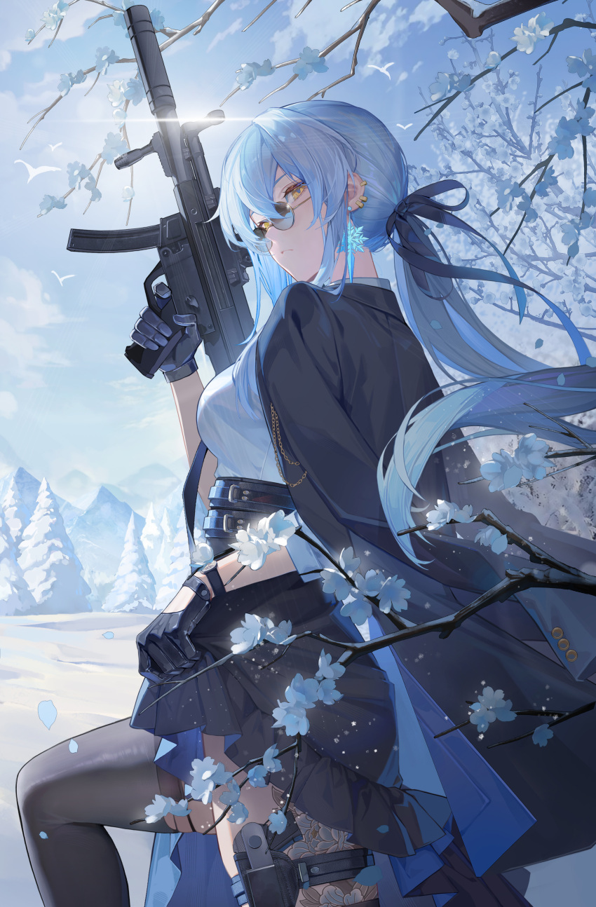 1girl absurdres bird black_coat black_gloves black_skirt black_thighhighs blue_hair blue_ribbon blue_sky branch breasts check_weapon closed_mouth cloud coat coat_on_shoulders cowboy_shot ear_piercing earrings finger_on_trigger flower from_side fur-trimmed_skirt fur_trim gloves gun h&amp;k_mp5k hair_ribbon hand_up handgun highres holding holding_gun holding_weapon holster jewelry knee_up long_hair looking_at_viewer looking_to_the_side low_ponytail lyfe_bestla miniskirt official_art piercing pine_tree ribbon round_eyewear shirt shirt_tucked_in skirt skirt_hold sky snow snow_on_tree snowbreak:_containment_zone snowflake_earrings solo submachine_gun sunglasses thigh_holster thighhighs tree watch weapon white_flower white_shirt wristwatch yellow_eyes zettai_ryouiki