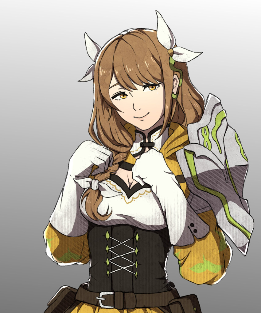 1girl armor belt black_belt breasts brown_hair cleavage commentary corset duneair fire_emblem fire_emblem_engage gloves goldmary_(fire_emblem) gradient_background grey_background hair_ribbon hands_up highres long_hair long_sleeves looking_at_viewer medium_breasts pouch ribbon shoulder_armor smile solo upper_body white_gloves white_ribbon yellow_eyes