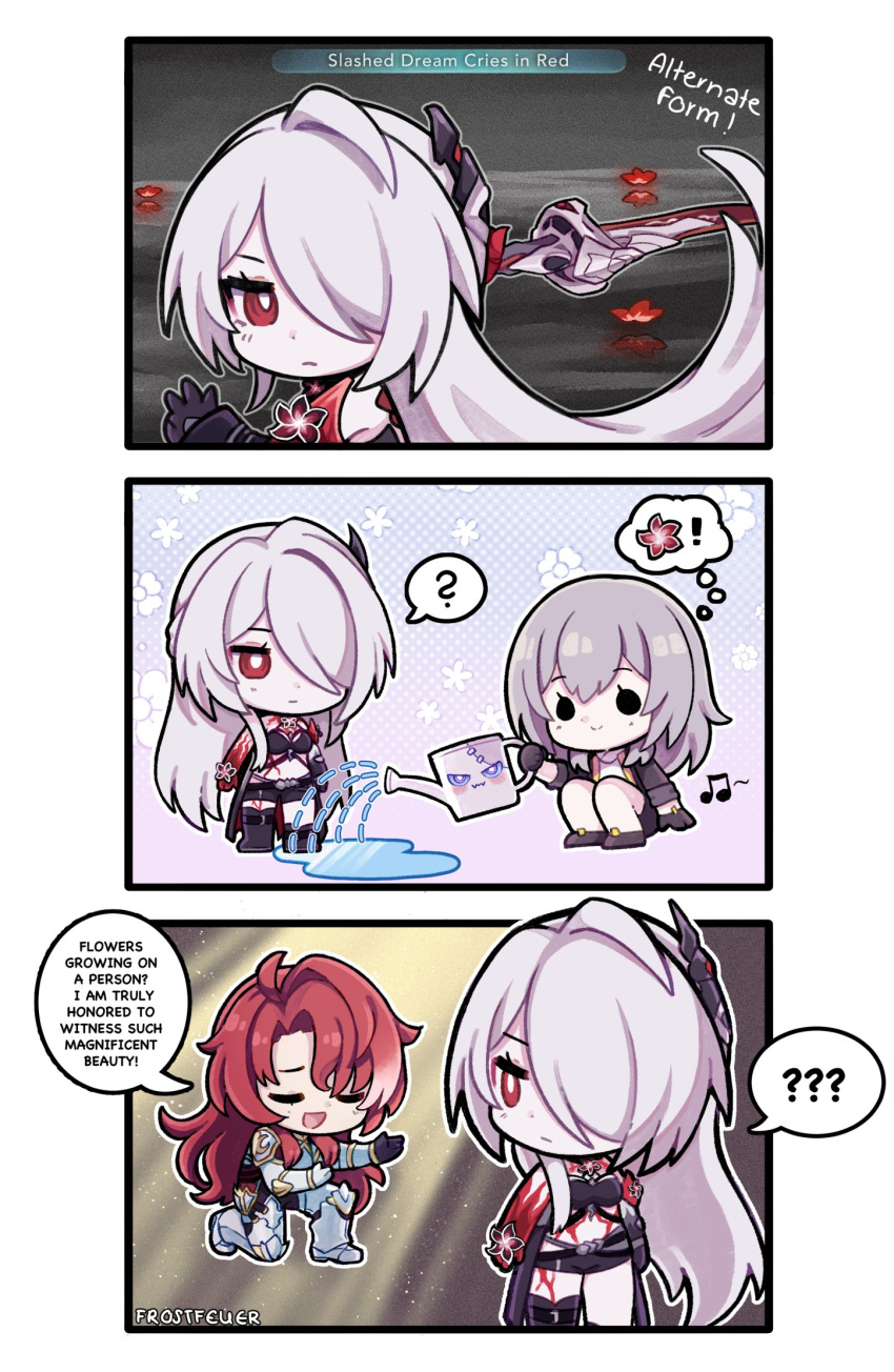 1boy 2girls ? ?? acheron_(honkai:_star_rail) argenti_(honkai:_star_rail) artist_name body_markings chibi chibi_only detached_sleeves english_text flower frostfeuer hair_over_one_eye highres holding holding_sword holding_watering_can holding_weapon honkai:_star_rail honkai_(series) long_hair multiple_girls musical_note on_one_knee puddle red_flower red_hair single_bare_shoulder stelle_(honkai:_star_rail) sword trailblazer_(honkai:_star_rail) watering_can weapon white_hair