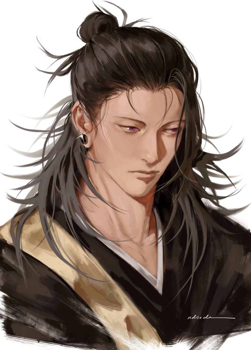 1boy black_hair black_robe closed_mouth cropped_torso ear_piercing getou_suguru getou_suguru_(kenjaku) hair_bun highres jujutsu_kaisen looking_to_the_side medium_hair ndsoda piercing portrait purple_eyes robe signature simple_background solo sparkle white_background