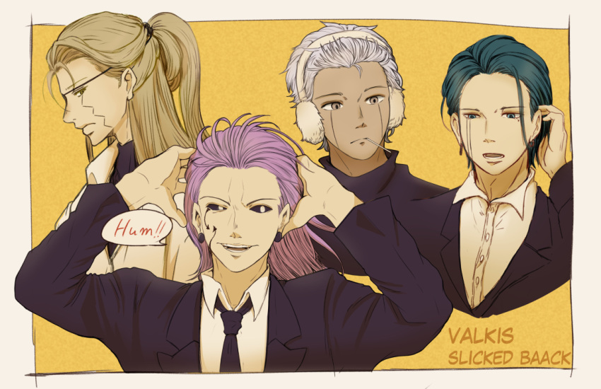 4boys black_necktie black_sclera black_suit blonde_hair candy character_request charles_contini collared_shirt colored_sclera cropped_torso domina_blowelive earmuffs eyepatch facial_mark food green_hair hands_up kenny_clark levi_rosequartz lollipop long_hair mashle multiple_boys nadachimachi_(user_nven5788) necktie pink_hair shirt speech_bubble suit upper_body white_hair