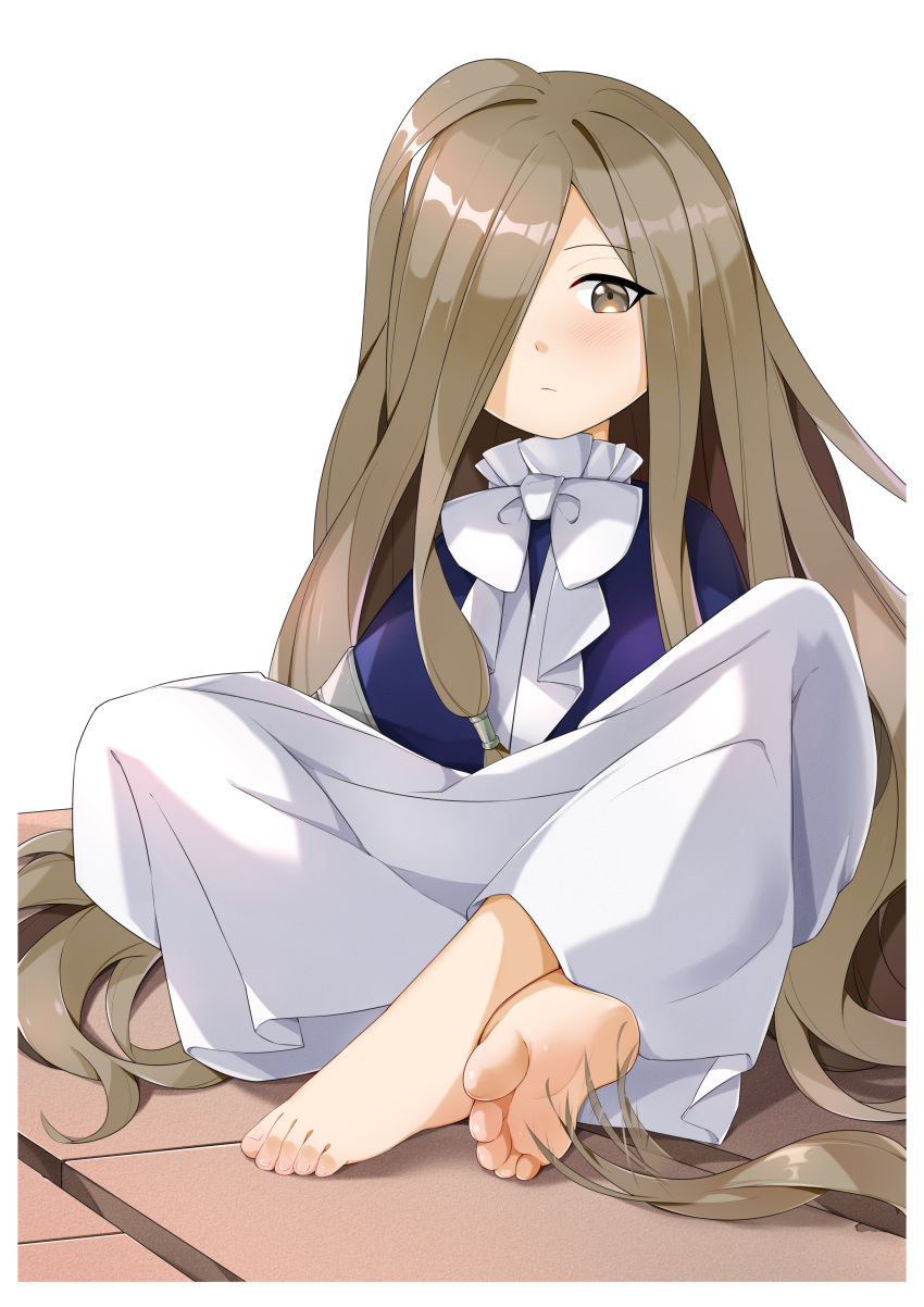 1girl absurdres barefoot blush bow brown_eyes brown_hair chashuwu chinese_commentary commentary_request dress hair_over_one_eye highres long_bangs long_hair on_floor sense_(sousou_no_frieren) sitting soles solo sousou_no_frieren toes very_long_hair white_bow white_dress