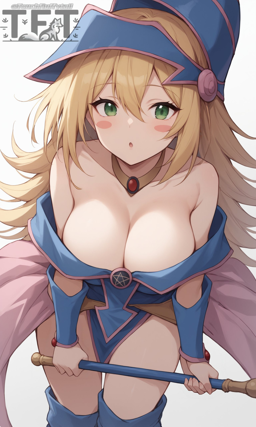 1girl :o absurdres artist_name bare_shoulders blonde_hair blush_stickers breasts choker collarbone cowboy_shot dark_magician_girl duel_monster green_eyes hair_between_eyes highres holding holding_scepter large_breasts long_hair looking_at_viewer scepter simple_background solo touchfluffytail_(pixiv_90121409) very_long_hair watermark yu-gi-oh!