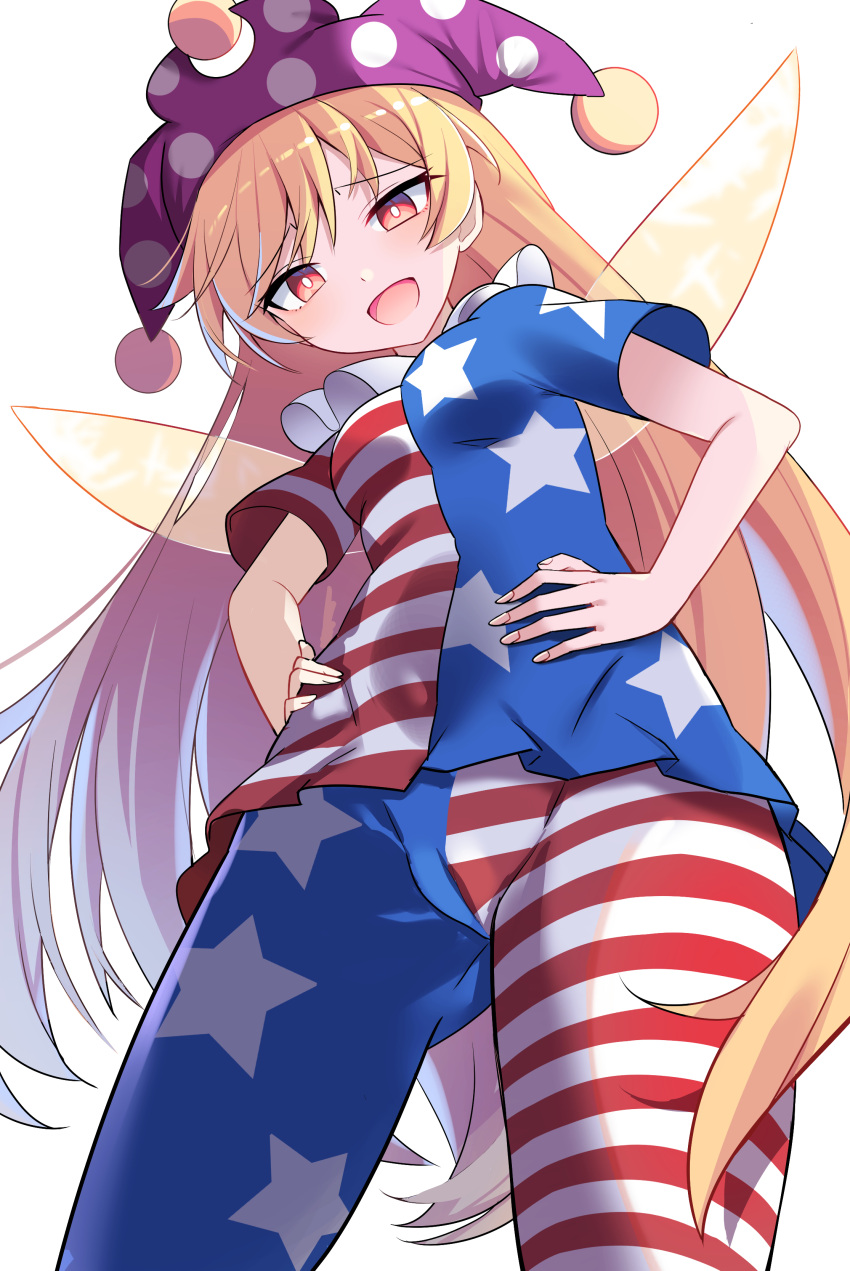 1girl absurdres american_flag_dress american_flag_legwear blonde_hair blush clownpiece cowboy_shot dress e.o. fairy fairy_wings hands_on_own_hips hat highres jester_cap long_hair multicolored_clothes multicolored_dress open_mouth pantyhose polka_dot polka_dot_headwear puffy_short_sleeves puffy_sleeves purple_hat red_eyes short_sleeves simple_background smug solo star_(symbol) star_print striped_clothes striped_dress striped_pantyhose touhou white_background wings