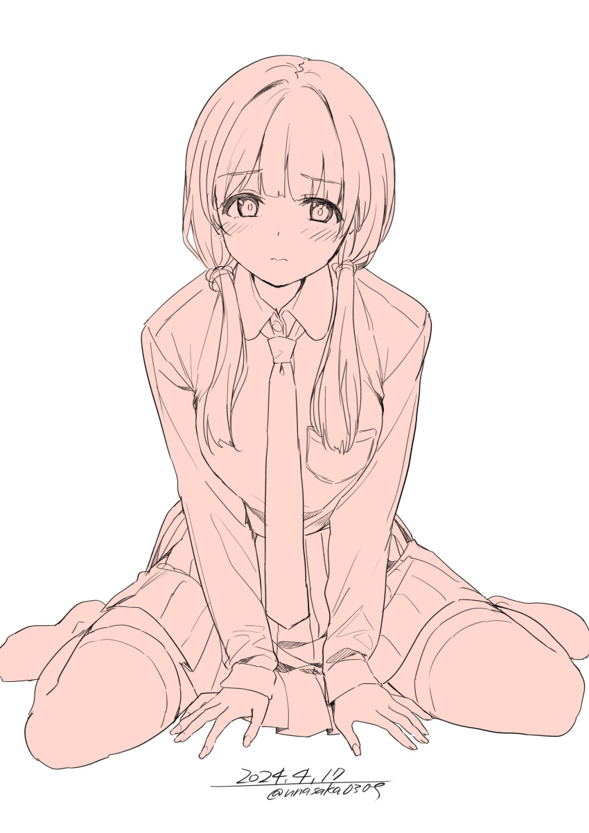 1girl absurdres between_legs blush dated hand_between_legs highres looking_at_viewer necktie on_floor original pleated_skirt shirt sidelocks signature simple_background sitting skirt solo unasaka_ryou wariza