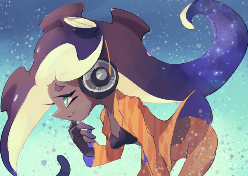 1girl aqua_eyes bent_over black_bra black_gloves black_hair blue_hair bra breasts cephalopod_eyes closed_mouth dark-skinned_female dark_skin fingerless_gloves from_side furrowed_brow gloves gradient_hair hand_up headphones horizontal_pupils jacket koike3582 long_hair marina_(splatoon) medium_breasts multicolored_hair octoling open_clothes open_jacket orange_jacket orange_pants pants pink_pupils sideways_mouth smile solo splatoon_(series) splatoon_3 suction_cups tentacle_hair two-tone_hair underwear very_long_hair