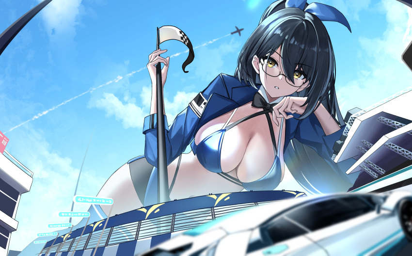 1girl :o absurdres aircraft airplane bikini bikini_top_only black_bow black_bowtie black_hair black_jacket black_thighhighs blue_bikini blue_bow blue_skirt blue_sky blurry blurry_foreground bow bowtie breasts car character_request cleavage cloud contrail cowboy_shot detached_collar elbow_rest flag flagpole from_below giant giantess glasses hair_between_eyes hair_bow haze/reverb highres jacket large_breasts long_hair long_sleeves looking_at_viewer lying miniskirt motor_vehicle official_art on_side open_clothes open_jacket panty_straps ponytail race_queen semi-rimless_eyewear skirt sky solo sports_car straight_hair swimsuit thighhighs traditional_bowtie under-rim_eyewear yellow_eyes