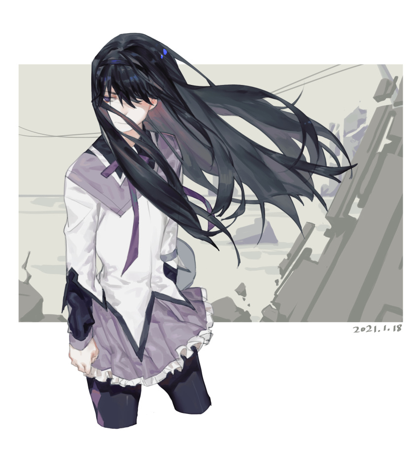 1girl :| absurdres akemi_homura argyle_clothes argyle_legwear arms_at_sides bad_id bad_lofter_id black_hair black_hairband black_pantyhose capelet closed_mouth cowboy_shot cropped_legs dated expressionless floating_hair frilled_skirt frills hairband heikewu highres jacket long_hair long_sleeves looking_to_the_side mahou_shoujo_madoka_magica mahou_shoujo_madoka_magica_(anime) neck_ribbon one_eye_covered pantyhose power_lines purple_capelet purple_eyes purple_ribbon purple_skirt ribbon sideways_glance skirt solo standing white_background white_jacket