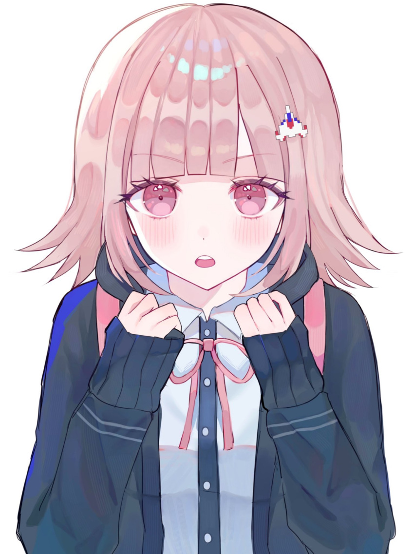 1girl blush breasts brown_hair collared_shirt danganronpa_(series) danganronpa_2:_goodbye_despair dress_shirt flipped_hair galaga hair_ornament highres hood jacket long_sleeves looking_at_viewer medium_hair mi_suri nanami_chiaki neck_ribbon open_clothes open_jacket pink_eyes pink_ribbon ribbon shirt solo white_shirt