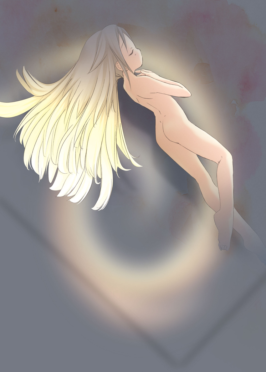 1girl absurdres ass back barefoot blonde_hair closed_eyes closed_mouth completely_nude flat_chest floating_hair full_body highres kneepits light long_hair nude original pop_(electromagneticwave) soles solo