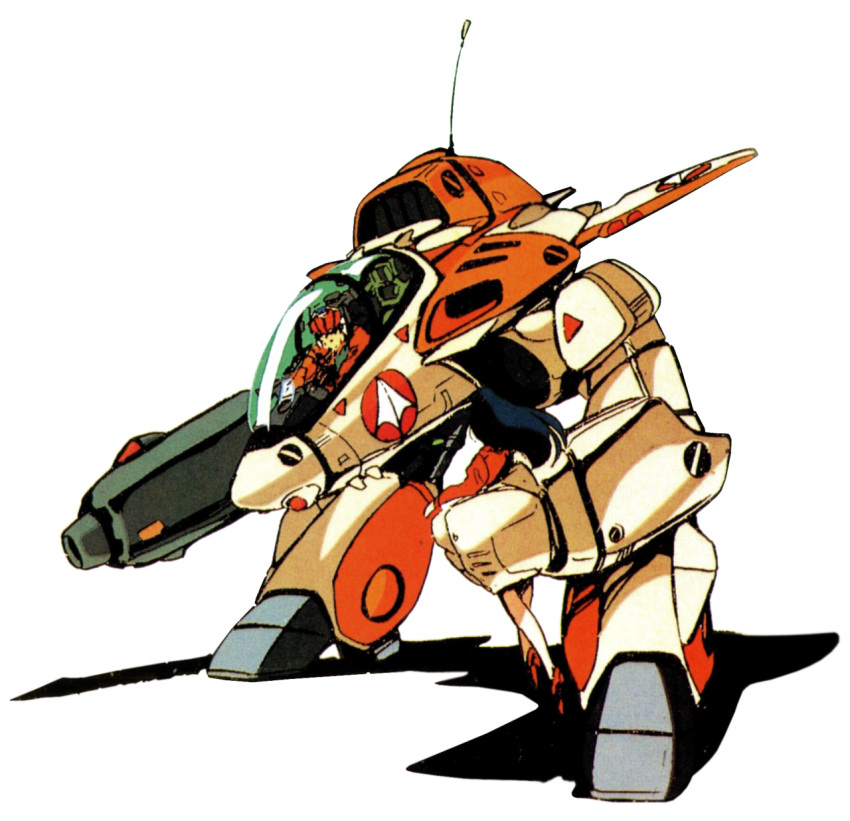 1980s_(style) 1boy 1girl black_hair canopy_(aircraft) chibi choujikuu_yousai_macross gerwalk gunpod helmet highres ichijou_hikaru kawamori_shouji long_hair lynn_minmay macross magazine_scan mecha parody pilot_suit radio_antenna retro_artstyle robot robotech roundel scan scarf science_fiction shadow spoilers traditional_media u.n._spacy veritech vf-1 vf-1d white_background