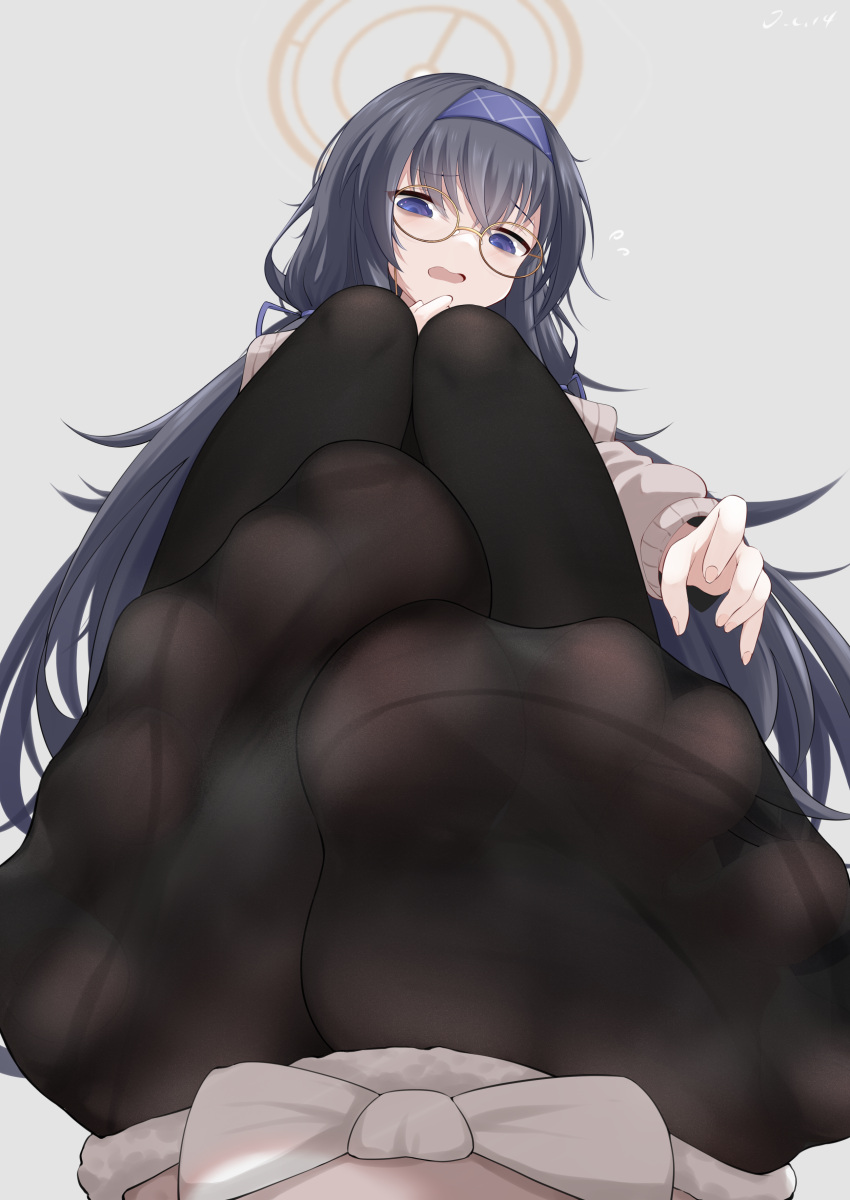 1girl absurdres black_hair black_pantyhose blue_archive blue_eyes blue_headband embarrassed feet foot_focus glasses grey_background halo headband highres j.c.14 long_hair pantyhose simple_background soles solo sweater toes ui_(blue_archive) wavy_mouth
