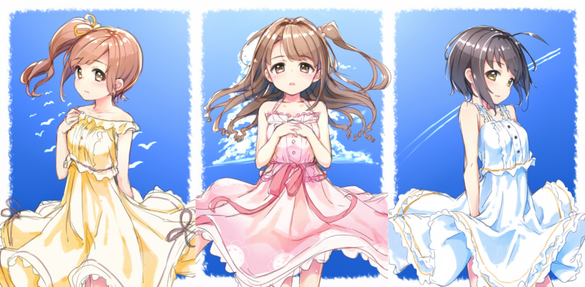 3girls ahoge arm_behind_back bare_shoulders black_hair blue_background blue_sky blush breasts brown_eyes brown_hair cloud cloudy_sky collarbone contrail cowboy_shot dot_nose dress floating_hair forehead frilled_dress frills hand_on_own_chest hands_on_own_chest idolmaster idolmaster_cinderella_girls igarashi_kyoko kohinata_miho kuresuku_(lessons) long_hair looking_at_viewer looking_to_the_side multiple_girls off_shoulder open_mouth outside_border own_hands_together parted_lips pink_dress pink_ribbon ribbon shimamura_uzuki short_hair side_ponytail sidelocks sky sleeveless sleeveless_dress small_breasts spaghetti_strap standing straight-on straight_hair swept_bangs waist_ribbon white_dress wind wind_lift yellow_dress yellow_eyes