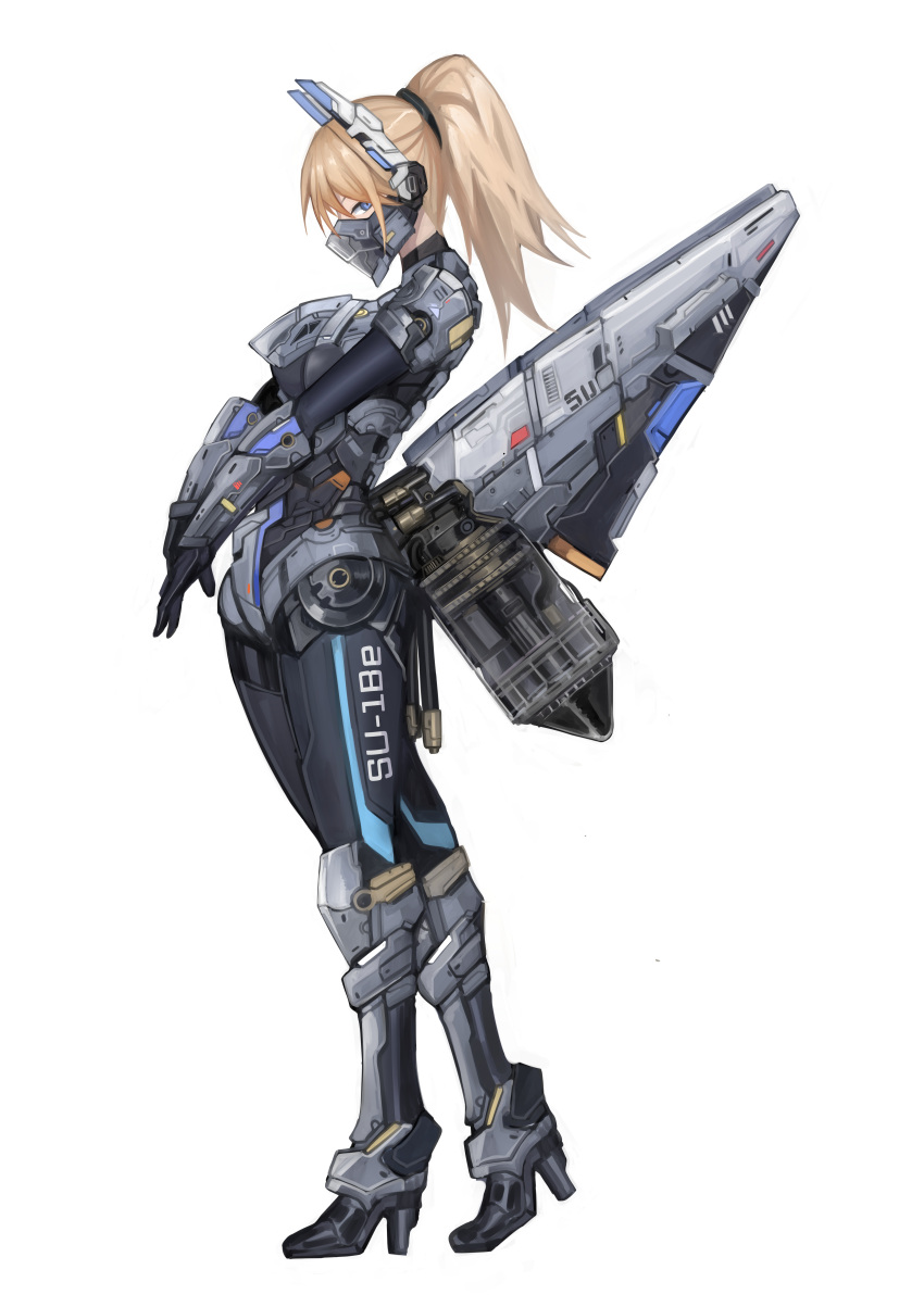 1girl absurdres airplane_wing alternate_costume aokuma_(yuuran_create) armor black_bodysuit blonde_hair blue_eyes bodysuit boots clothes_writing commentary_request exoskeleton from_side full_body headgear high_heels highres knee_boots lilya_(reverse:1999) long_hair looking_at_viewer low_wings mask mechanical_boots mouth_mask ponytail power_suit profile reverse:1999 simple_background solo standing white_background wings