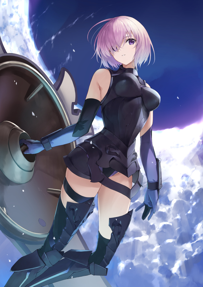 1girl absurdres armor armored_boots armored_dress bare_shoulders black_gloves black_leotard blue_sky boots breasts cowboy_shot dress elbow_gloves expressionless fate/grand_order fate_(series) from_below gloves hair_over_one_eye highres hip_focus holding holding_shield legs_apart leotard leotard_peek looking_at_viewer looking_down lord_camelot_(fate) mash_kyrielight medium_breasts medium_hair midriff outdoors parted_lips pink_hair purple_eyes purple_hair shield sky sleeveless sleeveless_dress solo standing staring thigh_boots thigh_strap thighs yanagi_marie