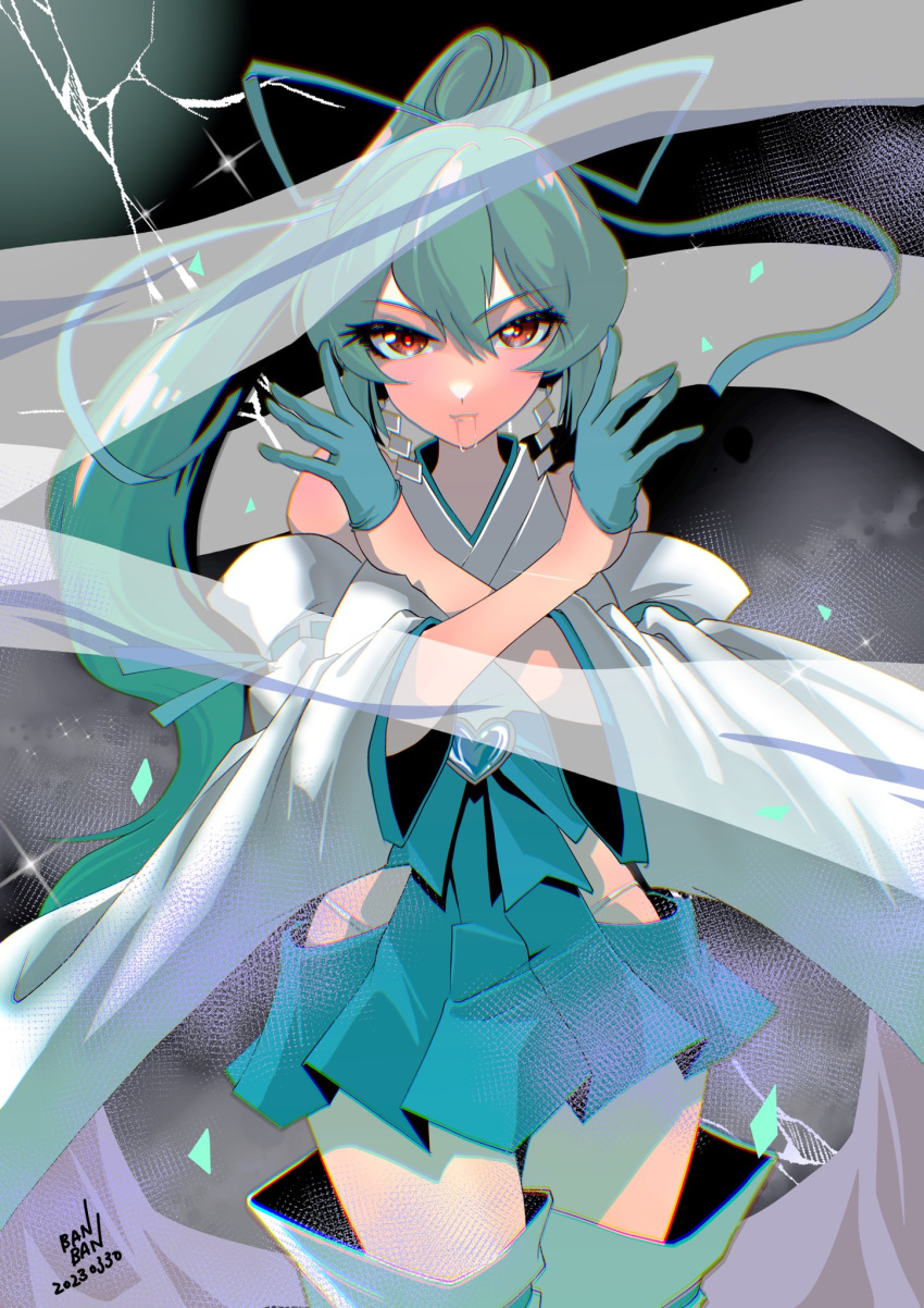 1girl blue_gloves blue_skirt breasts closed_mouth clothing_cutout dated eyebrows_hidden_by_hair feet_out_of_frame fundoshi gloves green_hair hair_between_eyes half_gloves highres ikaika0326 japanese_clothes kimono long_hair looking_at_viewer magia_azure_(la_verita) mahou_shoujo_ni_akogarete medium_breasts nontraditional_miko ponytail red_eyes saliva saliva_trail signature skirt solo white_kimono