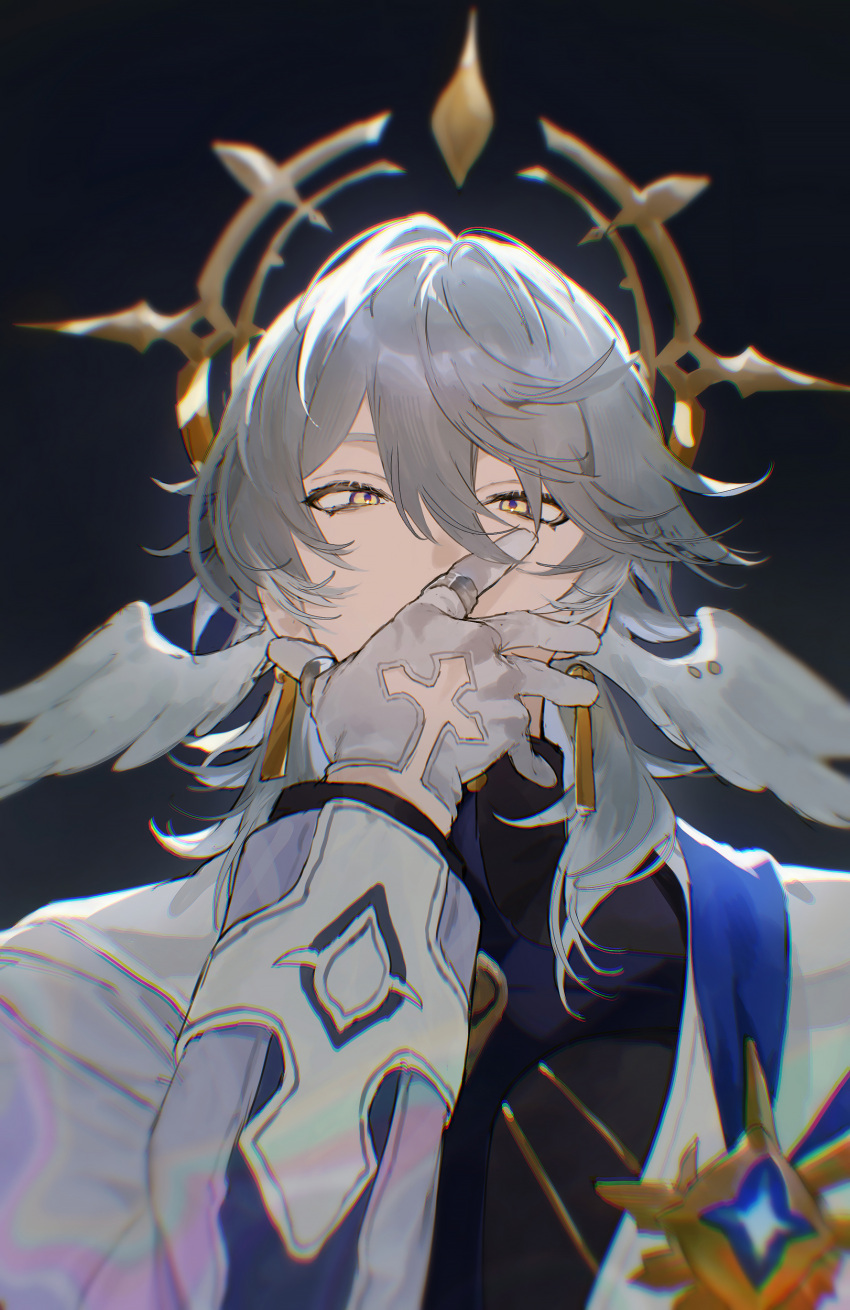 1boy absurdres black_background black_shirt covering_own_mouth earrings feathered_wings gloves gold_earrings grey_hair hair_between_eyes hair_over_shoulder halo halo_behind_head hand_on_own_face hand_up head_wings highres honkai:_star_rail honkai_(series) jacket jewelry long_sleeves looking_at_viewer male_focus medium_hair open_clothes open_jacket sachico66 shirt simple_background solo sunday_(honkai:_star_rail) turtleneck white_gloves white_jacket white_wings wings yellow_eyes