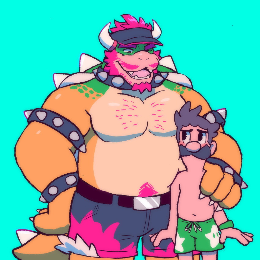 2boys absurdres alternate_body_hair alternate_costume alternate_facial_hair bara belly bowser brown_hair couple cowboy_shot duke_(orangelionduke) facial_hair furry furry_with_non-furry goatee hand_on_another's_shoulder highres interspecies large_pectorals luigi male_focus mario_(series) mature_male multiple_boys muscular muscular_male navel_hair pectorals pencil_mustache plump shell short_shorts shorts size_difference sparse_chest_hair standing stomach thick_mustache yaoi