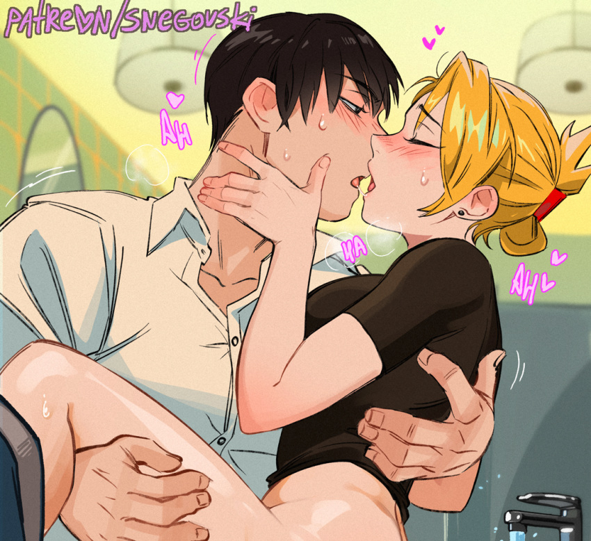 1boy 1girl after_kiss black_hair blonde_hair blush commentary earrings folded_ponytail fullmetal_alchemist heart hetero holding_another's_leg implied_sex indoors jewelry out-of-frame_censoring pants_around_one_leg patreon_username riza_hawkeye roy_mustang saliva saliva_trail shirt snegovski stud_earrings sweat white_shirt
