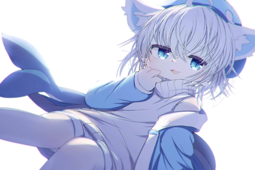1girl :3 animal_ear_fluff animal_ears backlighting blue_eyes blue_hat blue_jacket cat_ears cat_girl chromatic_aberration fins fish_tail furry furry_female hat highres jacket messy_hair nefraito open_mouth original short_shorts shorts single_bare_shoulder slit_pupils solo sweater tail turtleneck turtleneck_sweater white_background white_hair white_sweater