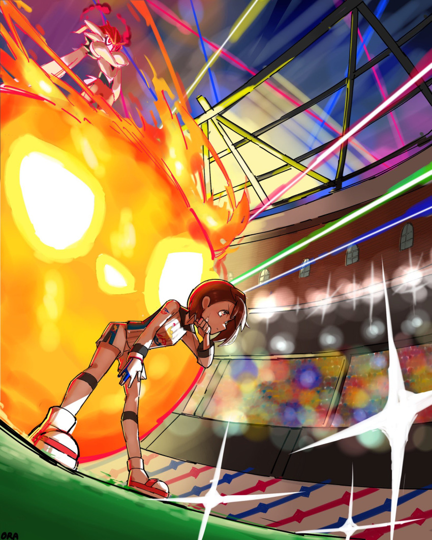 1girl bent_over brown_hair cinderace clenched_hand commentary_request dynamax_band fire from_below gigantamax_cinderace gloria_(pokemon) gloves grass gym_challenge_uniform highres ora_(oraora_oekaki) pokemon pokemon_(creature) pokemon_swsh print_shirt shirt shoes short_hair shorts single_glove socks stadium white_footwear white_shorts white_socks