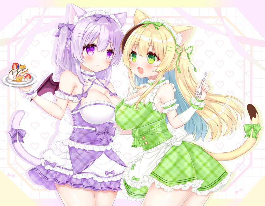 2girls animal_ear_fluff animal_ears apron bare_shoulders blonde_hair blue_hair bow breasts cat_ears cat_girl cat_tail choker cleavage commentary_request dress fork frilled_apron frilled_choker frills green_choker green_dress green_eyes green_ribbon hair_between_eyes hair_bow hair_ornament hair_ribbon hairclip heart heart_background highres holding holding_fork holding_plate large_breasts maid maid_headdress mini_wings multicolored_hair multiple_girls one_side_up original pixelated plaid plaid_dress plate pleated_dress purple_bow purple_choker purple_dress purple_eyes purple_hair purple_wings ribbon shikito_(yawa0w0) tail tail_bow tail_ornament two-tone_hair white_apron white_background wings