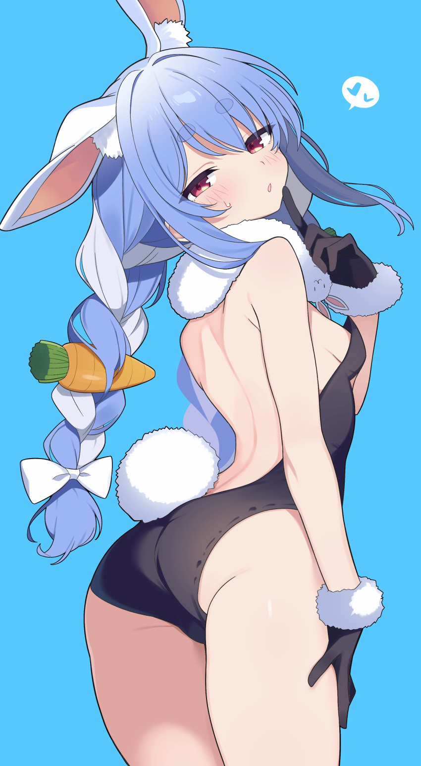 1girl absurdres animal_ears ass backless_leotard bare_shoulders black_gloves black_leotard blue_hair blush breasts carrot commentary_request cowboy_shot don-chan_(usada_pekora) ear_down from_behind fur-trimmed_gloves fur_trim gloves heart highres hiroikara_(smhong04) hololive index_finger_raised leotard light_blue_hair looking_at_viewer looking_back multicolored_hair open_mouth orange_eyes rabbit_ears rabbit_girl rabbit_tail small_breasts solo spoken_heart strapless strapless_leotard streaked_hair tail usada_pekora virtual_youtuber white_hair