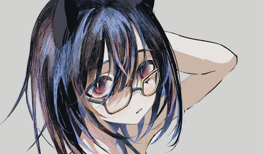 1girl animal_ears arm_up bare_shoulders black_hair blush cat_ears close-up expressionless glasses grey_background highres looking_at_viewer original parted_lips red_eyes short_hair simple_background sochira solo