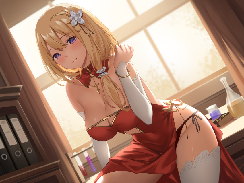 1girl absurdres beaker binder black_panties blonde_hair blush book bracelet breasts cleavage collarbone curtains desk detached_sleeves dress flower hair_flower hair_ornament hair_over_shoulder highres indoors jewelry large_breasts looking_at_viewer non-web_source original panties purple_eyes red_dress shelf side-tie_panties sitting smile solo suzuame_yatsumi test_tube thighhighs underwear white_thighhighs window