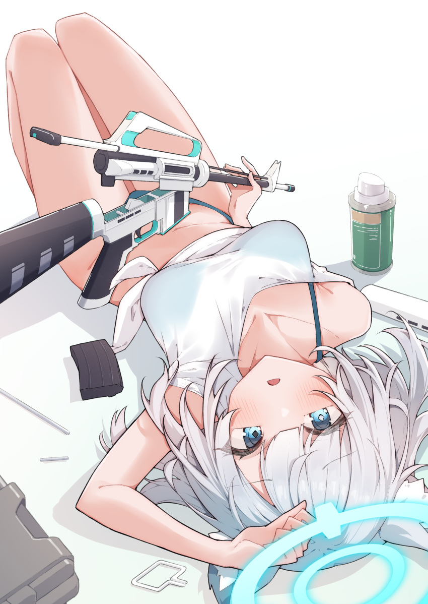 1girl absurdres airenif alternate_costume arm_up assault_rifle bikini bikini_under_clothes blue_archive blue_eyes blue_halo blush bottle collarbone commentary green_bikini grey_hair gun halo highres holding holding_gun holding_weapon looking_at_viewer lying mismatched_pupils off_shoulder on_back open_mouth rifle see-through see-through_shirt shiroko_(blue_archive) shirt short_hair simple_background single_bare_shoulder solo swimsuit thighs tied_shirt upside-down weapon white_background white_shirt