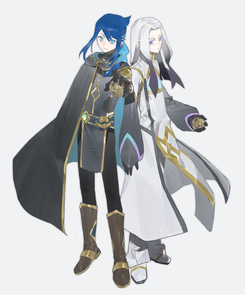 2boys absurdres aqua_eyes black_gloves black_pants blue_hair boots brown_footwear cape closed_mouth coat gibeon_(pokemon) gloves hazel_maier highres holding long_hair lucius_(pokemon) male_focus multiple_boys pants pokemon pokemon_(anime) pokemon_horizons purple_eyes shoes sidelocks standing white_background white_hair