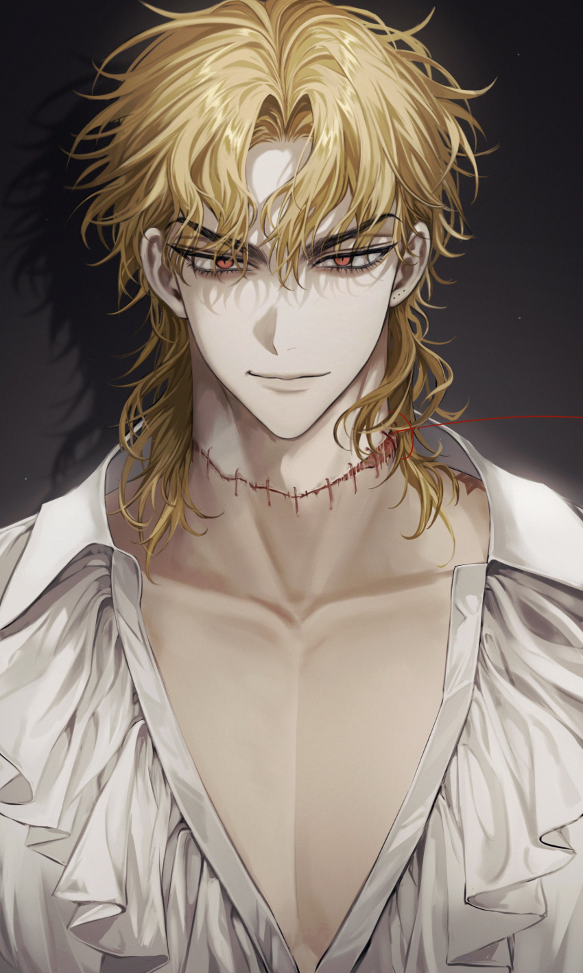 1boy absurdres blonde_hair collarbone collared_shirt dio_brando eyelashes grey_background hair_between_eyes highres jojo_no_kimyou_na_bouken long_hair looking_at_viewer madengx male_focus messy_hair pectoral_cleavage pectorals phantom_blood red_eyes shadow shirt solo stitched_neck stitches upper_body white_shirt
