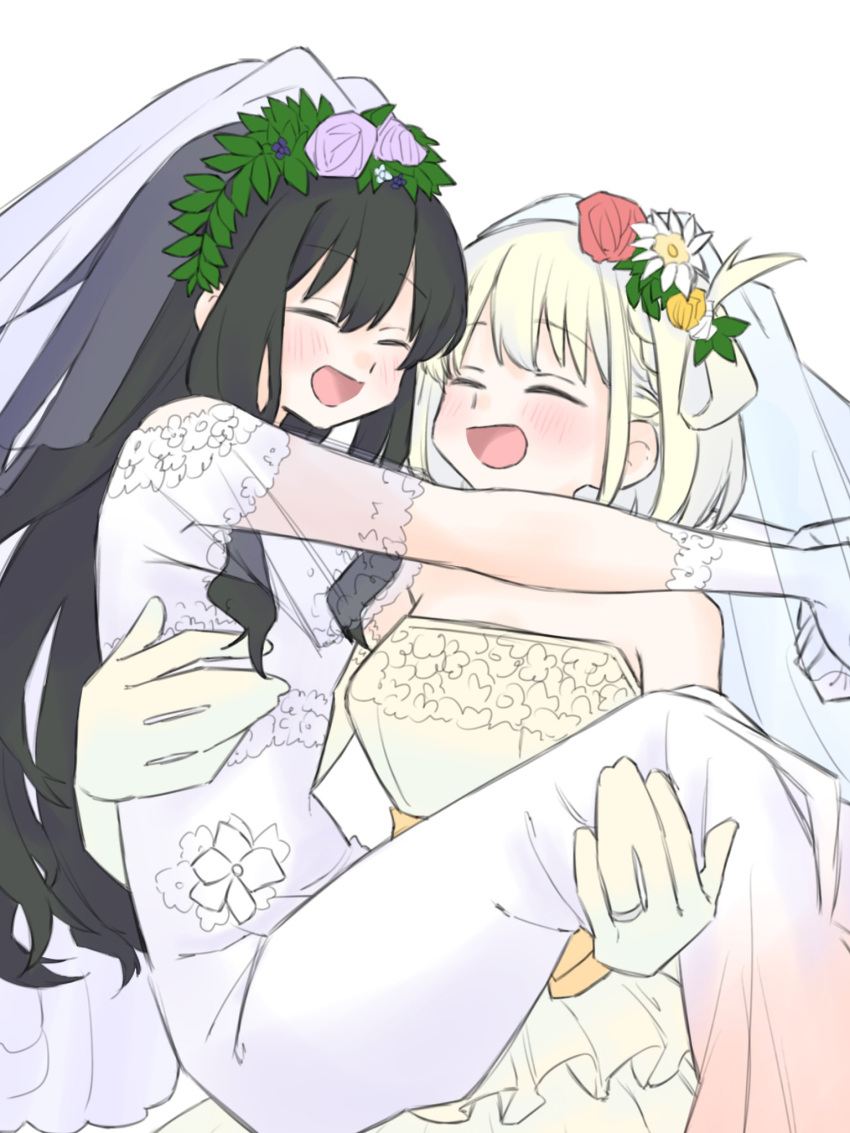 2girls arm_around_neck black_hair blonde_hair blush bridal_veil carrying closed_eyes commentary_request dress elbow_gloves flower gloves hair_flower hair_ornament highres inoue_takina jewelry lycoris_recoil medium_hair multiple_girls nishikigi_chisato one_side_up open_mouth princess_carry purple_dress purple_flower red_flower ring short_sleeves smile syonosuke9573 veil wedding_dress wedding_ring wife_and_wife yellow_dress yellow_gloves yuri