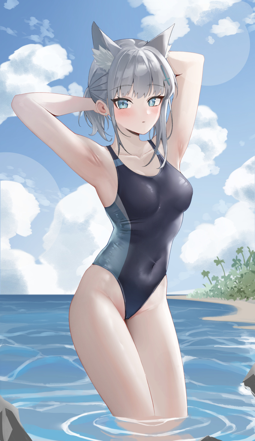 1girl absurdres animal_ear_fluff animal_ears arms_behind_head beach black_one-piece_swimsuit blue_archive blue_eyes blue_sky breasts cloud competition_swimsuit covered_navel cross_hair_ornament day extra_ears feet_out_of_frame grey_hair hair_ornament halo highres horizon jinmuxi_(user_pvha4443) low_ponytail medium_breasts medium_hair mismatched_pupils multicolored_clothes multicolored_swimsuit ocean official_alternate_costume one-piece_swimsuit outdoors shiroko_(blue_archive) shiroko_(swimsuit)_(blue_archive) sky solo standing swimsuit wading wolf_ears