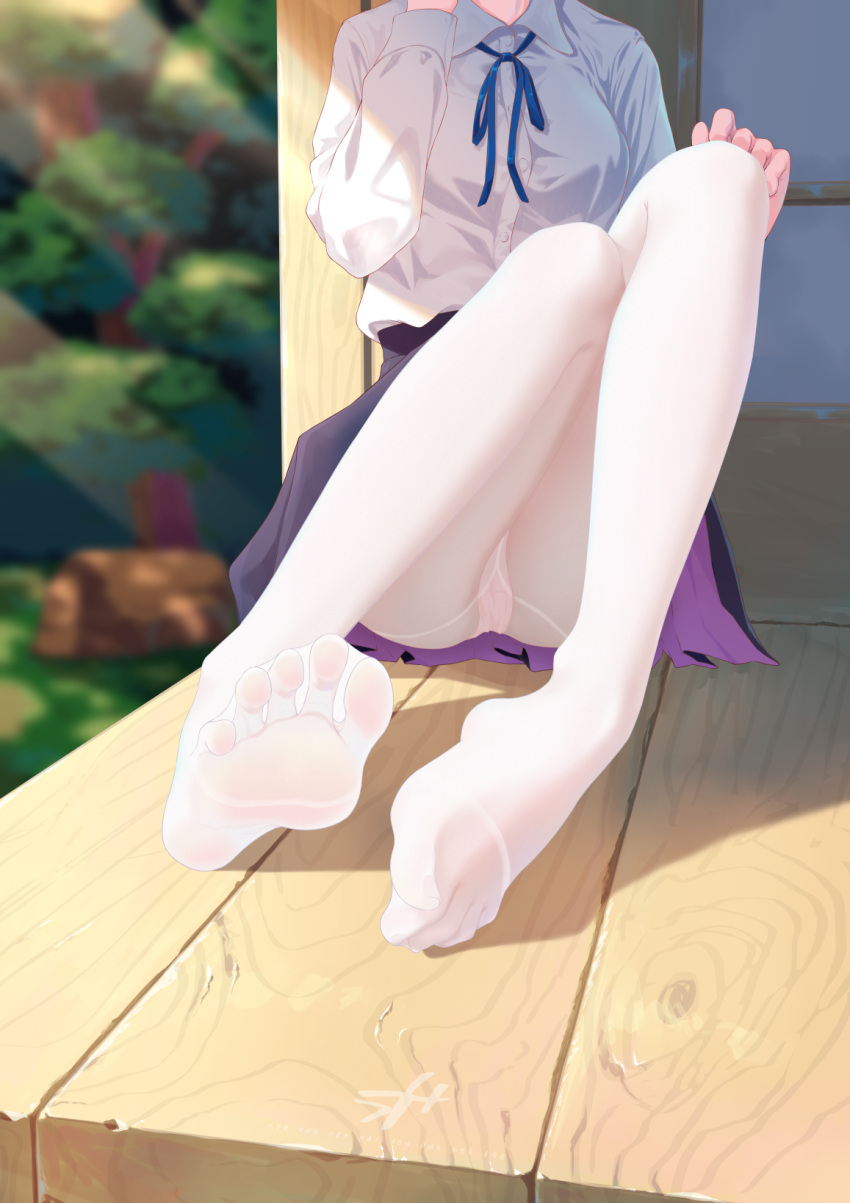 1girl blue_ribbon collared_shirt dress feet foot_focus highres legs long_sleeves neck_ribbon no_shoes original panties panties_under_pantyhose pantyhose pink_panties pleated_dress purple_dress ribbon school_uniform shirt sitting soles solo sunlight toes underwear uniform wcks0774 white_pantyhose white_shirt