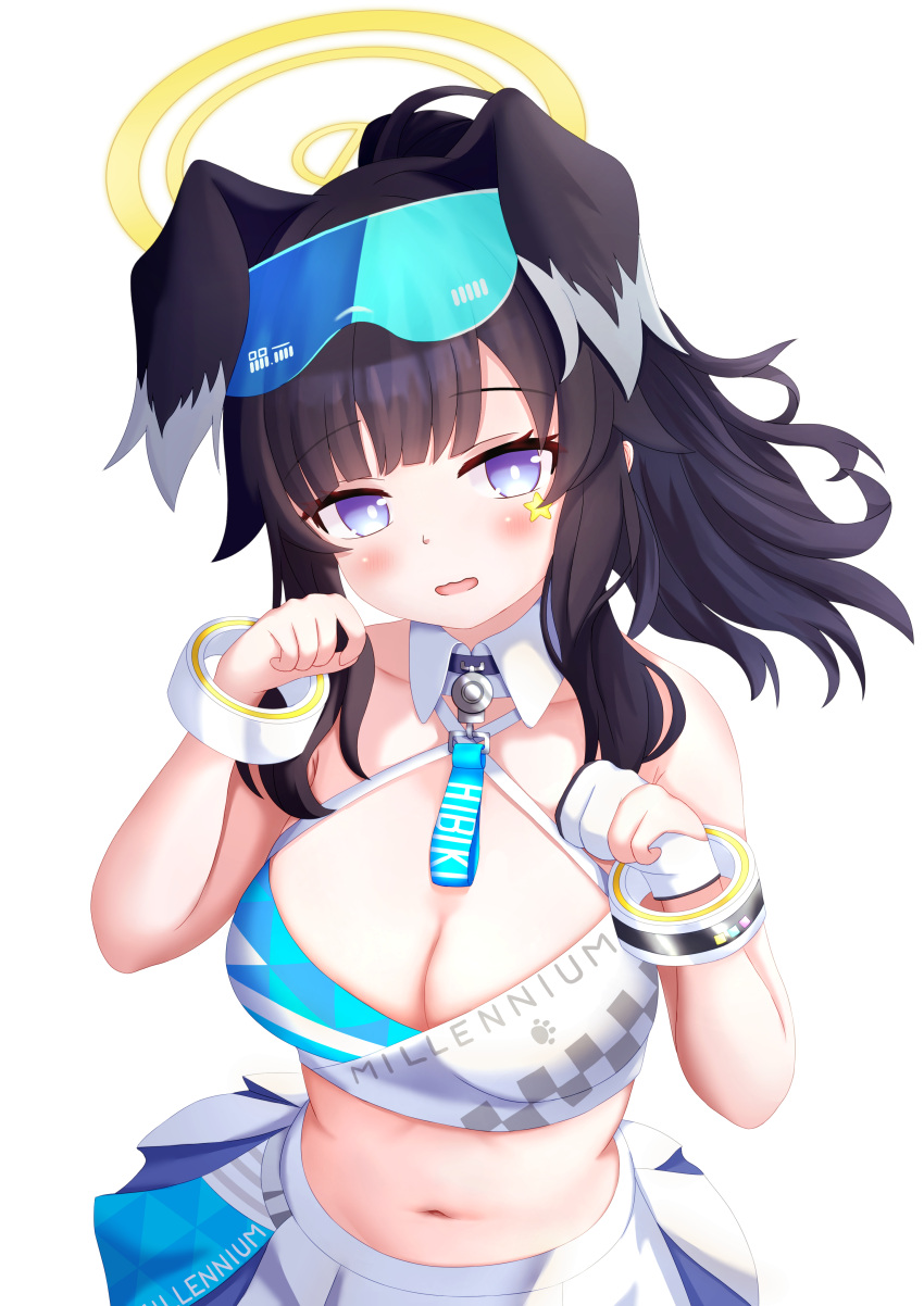 1girl absurdres animal_ears black_hair blue_archive blue_eyes blush breasts character_name cleavage detached_collar dog_ears dog_girl gloves halo hibiki_(blue_archive) hibiki_(cheer_squad)_(blue_archive) highres large_breasts long_hair looking_at_viewer millennium_cheerleader_outfit_(blue_archive) official_alternate_costume open_mouth partially_fingerless_gloves skirt solo uro30 white_skirt yellow_halo