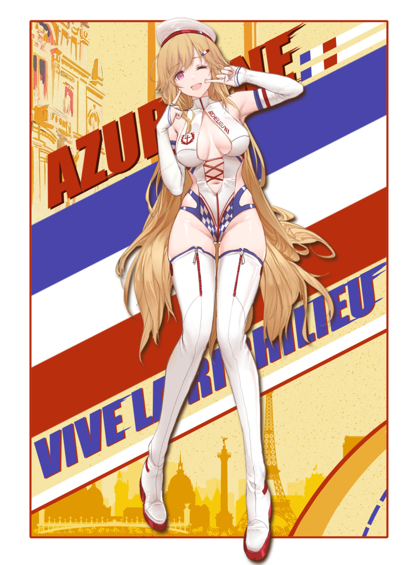 1girl ;d absurdres alternate_costume azur_lane bare_shoulders blonde_hair boots breasts cleavage copyright_name dishwasher1910 full_body hair_ornament hands_up highres large_breasts long_hair looking_at_viewer navel one_eye_closed open_mouth purple_eyes richelieu_(azur_lane) smile solo thigh_boots thighs white_footwear white_hat