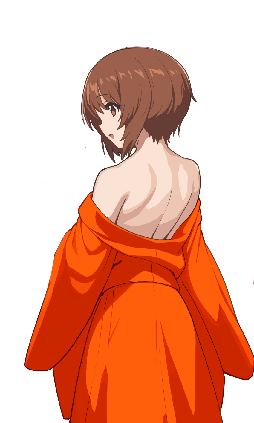 1girl absurdres back back_focus bare_back brown_eyes brown_hair girls_und_panzer highres hikari_(hikaring3120) nishizumi_miho orange_robe robe short_hair simple_background solo white_background