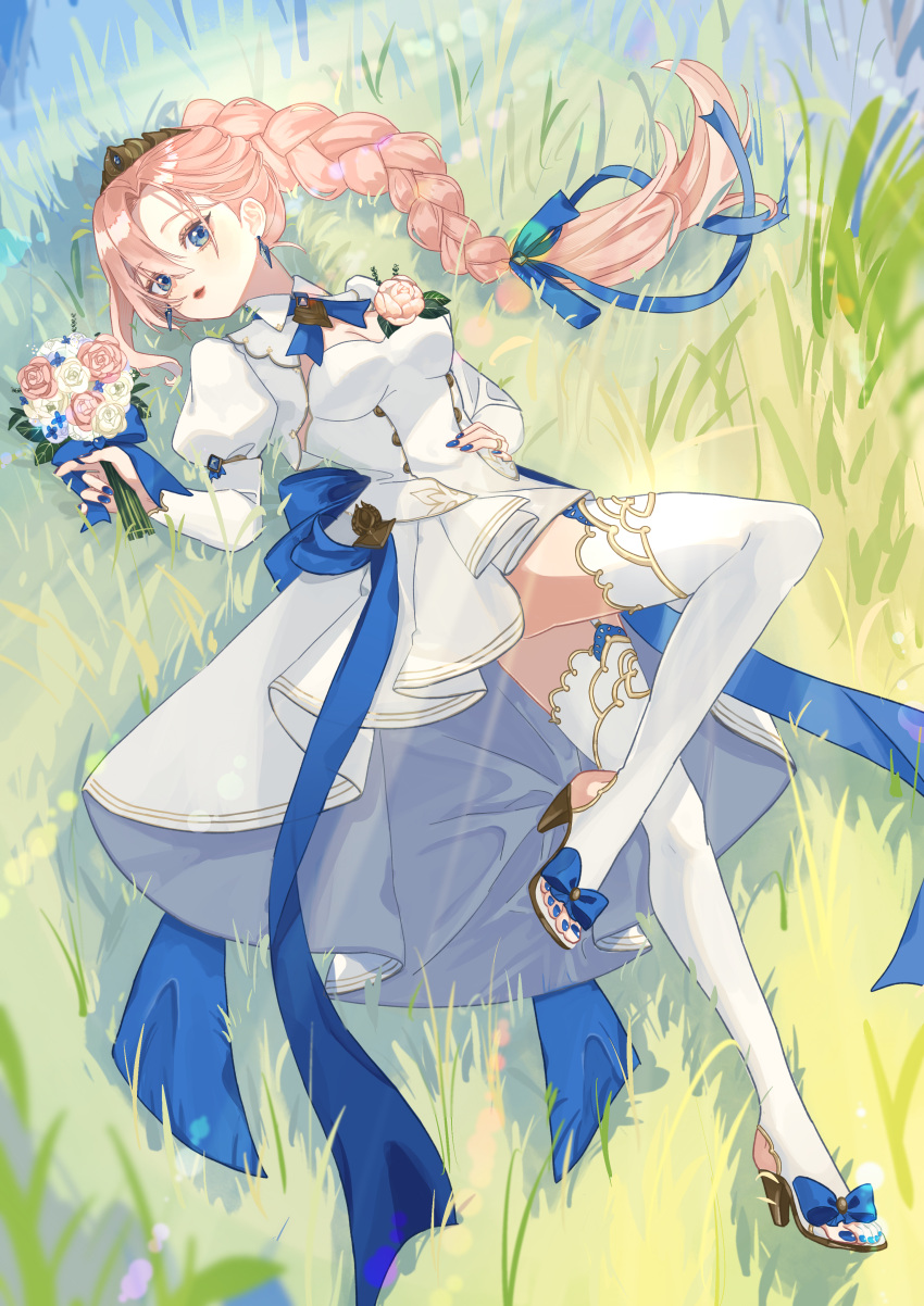 1girl absurdres aged_down blue_eyes bouquet bow braid braided_ponytail crown dress flower_ornament full_body hair_bow high_heels highres holding holding_bouquet juliet_sleeves long_sleeves looking_at_viewer lying on_back on_grass pink_hair ponytail puffy_sleeves saha3nemui shionne_(tales) smile solo tales_of_(series) tales_of_arise thighhighs