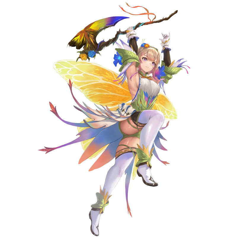 1girl absurdres attack axe boots breasts butterfly_wings detached_sleeves dress fairy fairy_wings fire_emblem fire_emblem_heroes flower hair_flower hair_ornament highres holding holding_axe insect_wings knee_up medium_breasts official_alternate_costume official_art peony_(cherished_dream)_(fire_emblem) peony_(fire_emblem) plant_hair sideboob skindentation solo thigh_boots thighhighs thighs transparent_background v-shaped_eyebrows white_thighhighs wings yellow_dress yoshiku_(oden-usagi)