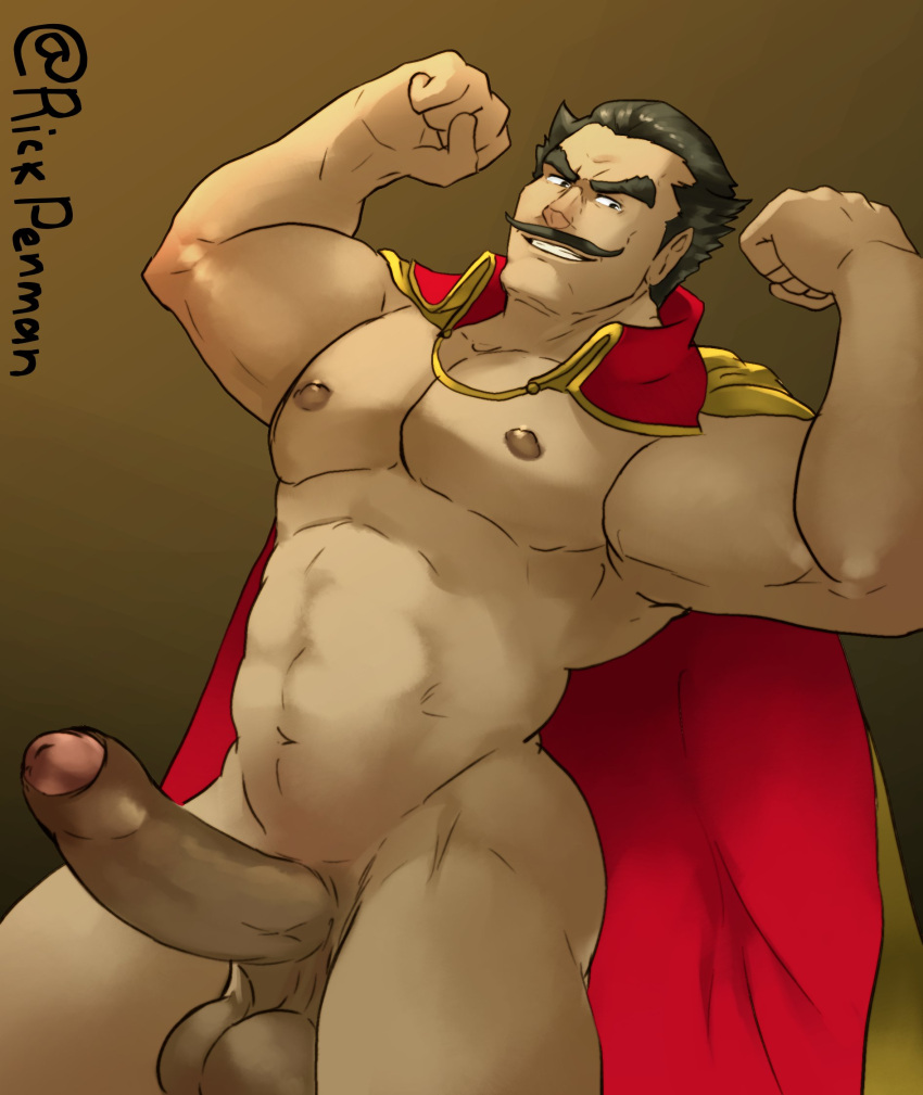 1boy alternate_body_hair bara cape cowboy_shot dio_(final_fantasy) double_biceps_pose erection final_fantasy final_fantasy_vii final_fantasy_vii_rebirth final_fantasy_vii_remake flexing foreskin girthy_penis highres large_pectorals long_mustache looking_at_viewer male_focus mature_male muscular muscular_male naked_cape navel nipples no_shirt pectorals penis red_cape rick_penman seductive_smile short_hair smile solo standing stomach strongman_waist thick_eyebrows thick_thighs thighs tsurime uncensored